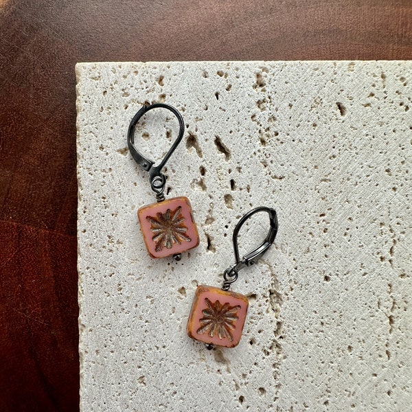 pink earrings // Czech glass tile earrings // square earrings // geometric earrings // simple minimalist earrings // star // champagne pink