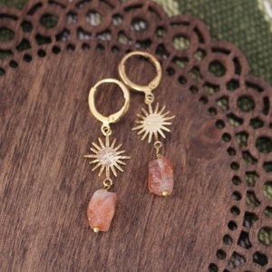 Sunstone Star Huggie Earrings: Gold Plated Boho Hoops