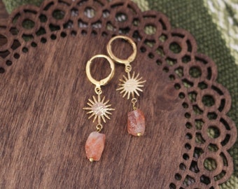 Sunstone Star Huggie Earrings: Gold Plated Boho Hoops