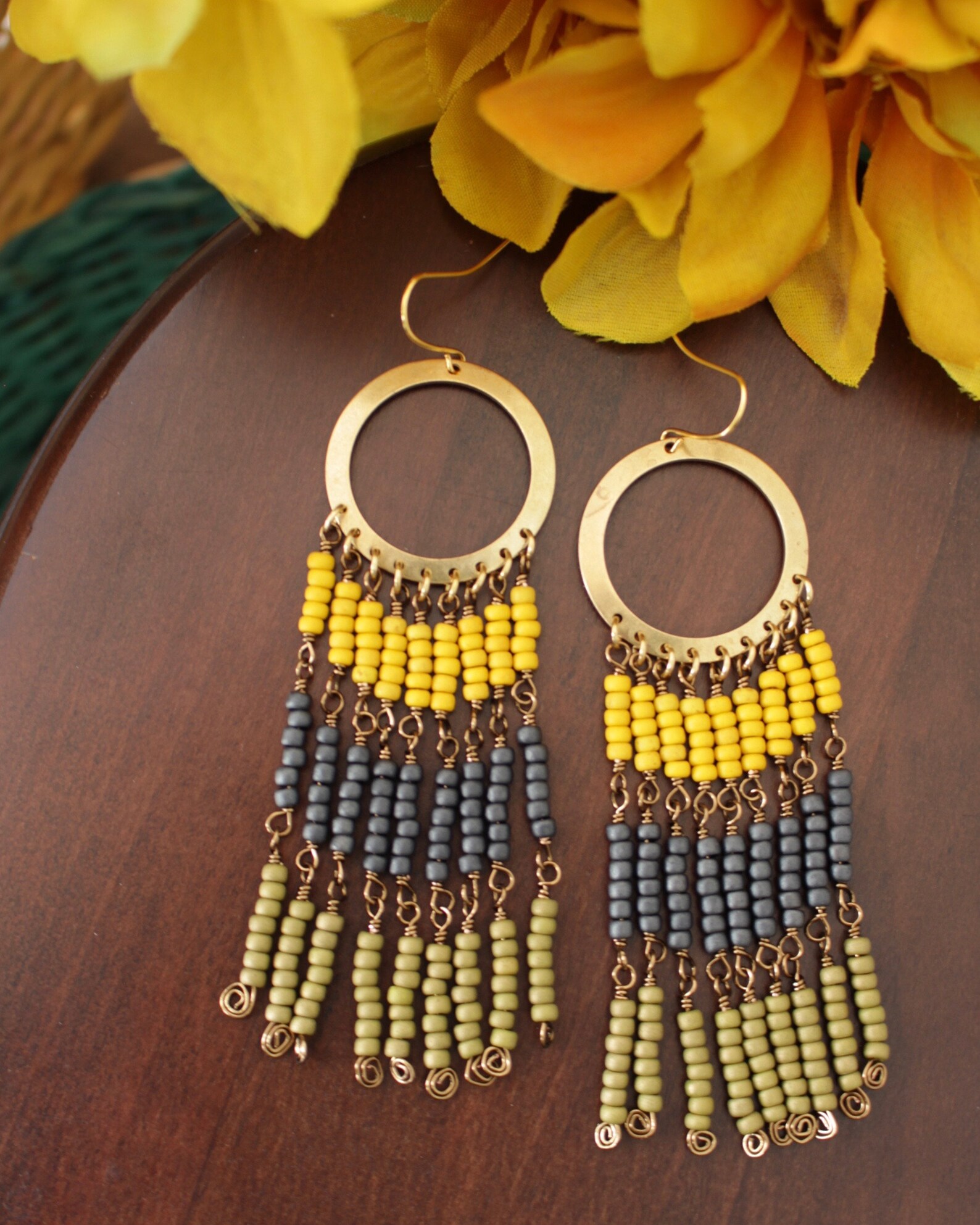 Sunflower Extra Long Beaded Fringe Earrings // Boho Earrings Etsy