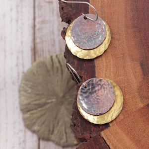 brass and silver earrings, gold silver, mixed metal, hammered dangle earrings, small circle, disc earrings, minimalist boho jewelry