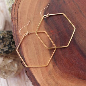 hexagon drop earrings, gold earrings, gold dangle earrings, simple statement earrings, gold wire earrings, gold hoops, hexagon earrings