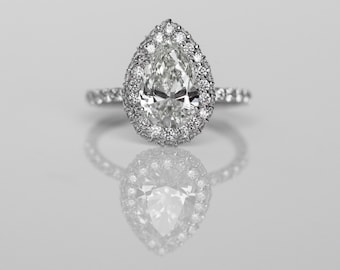 Pear Shape Diamond Halo Engagement Ring Setting With Diamond Band & Diamond Details in Every Angle