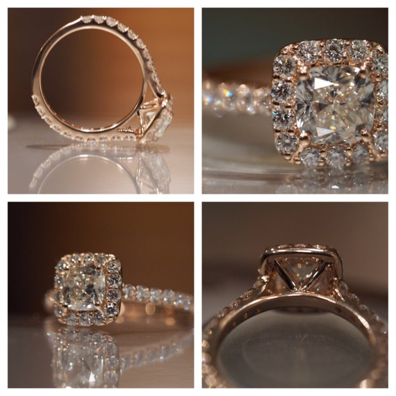 Rose Gold Cushion Cut Engagement Ring With Halo And Micropave Etsy