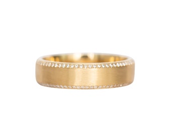 Men's 6mm Yellow Gold Beveled Edge Wedding Band with Diamonds Along the Edges