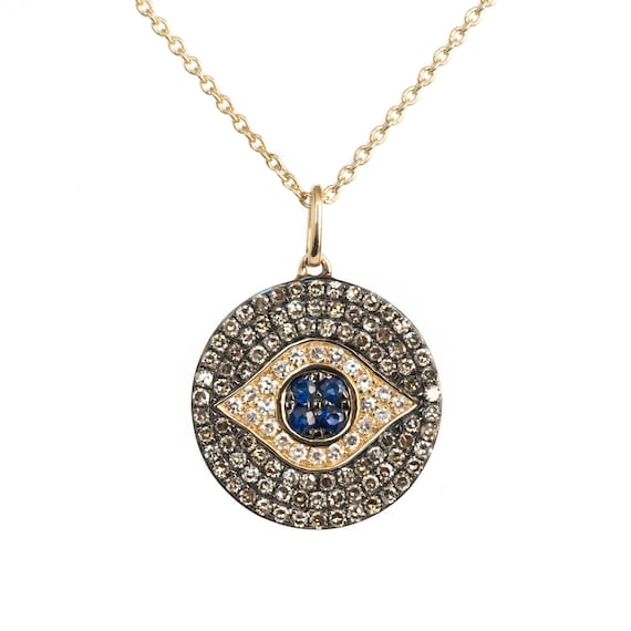 Evil Eye Diamond Coin Necklace With Diamonds and Sapphires and A