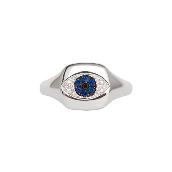 14k White Gold Evil Eye Pinky Ring With Diamonds Blue Sapphires