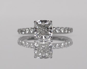 Cushion Cut Solitaire Engagement Ring with Diamonds on Band & Around Diamond, Semi Mount, White Gold Round Engagement Ring