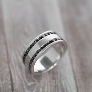 Men&#39;s White Gold Brushed Finish Wedding Band with 2 Rows of Black Diamonds. 8mm Men&#39;s Wedding Band. Brushed & Black Dia Wedding Band