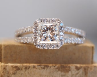 Halo Princess Cut Engagement Ring with Split Shank Band in White Gold With Diamonds. Micropave. 18k White Gold