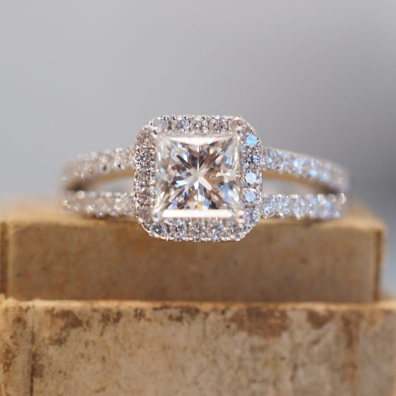 Halo Princess Cut Engagement Ring With Split Shank Band in Etsy