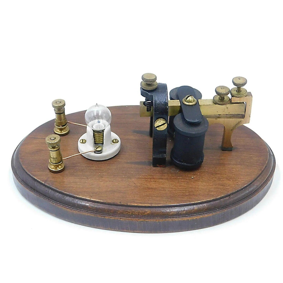 Antique Telegraph Machine Sounder & Signal Light Mounted Wooden Base ...