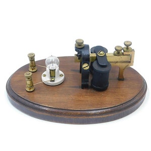 Antique Telegraph Machine Sounder & Signal Light Mounted Wooden Base cond +++++
