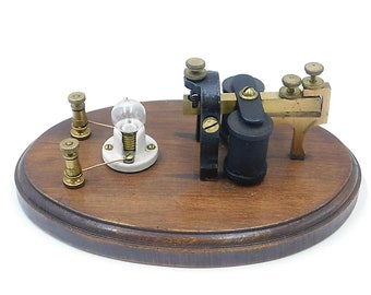 Antique Telegraph Machine Sounder & Signal Light Mounted Wooden Base cond +++++