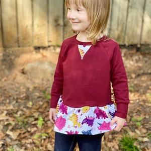 May include: A maroon long-sleeved shirt with a white dinosaur print ruffle at the bottom. The shirt has a white triangle-shaped patch on the front.