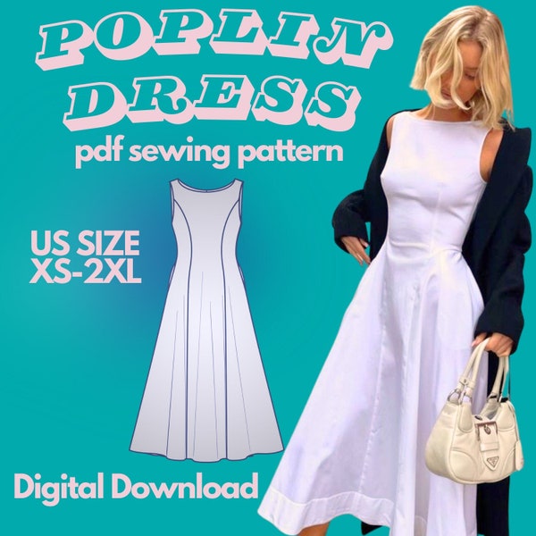 Poplin Midi Dress with pockets / US Size XS-xxL / Woven dress pattern PDF, Digital sewing pattern, digital download, a-line dress, A4 paper