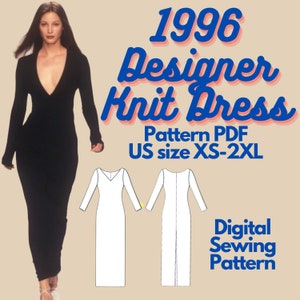 Könnte beinhalten: Ein digitales Schnittmuster für ein Designer-Strickkleid aus dem Jahr 1996. Das Schnittmuster ist in den Größen XS-2XL erhältlich. Das Bild zeigt ein Model, das eine schwarze Version des Kleides trägt, und eine weiße Strichzeichnung des Kleiderschnitts.