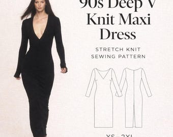 90s Deep V Knit Maxi Dress Sewing Pattern | Minimalist Bodycon Stretch (PDF Download)