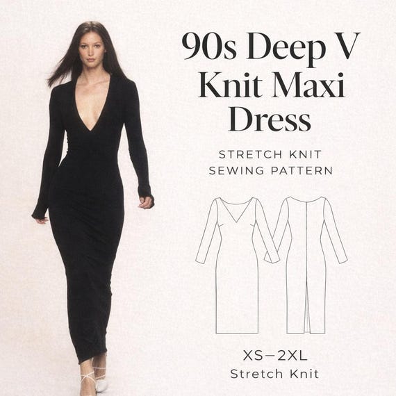 90s maxi dress pattern Deep V Knit Sewing solid colors A-line wedding dress with SIZE:20 as the dress is