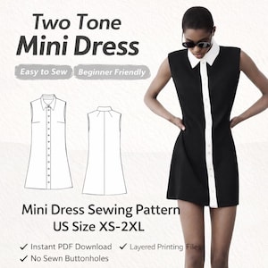 Tweekleurig naaipatroon mini-jurk met kraag (pdf, A4, A0, Letter, XS-2XL)