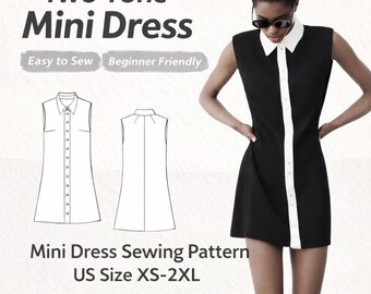 Two-Tone Mini Dress Sewing Pattern with Collar (PDF A4, A0, Letter, XS-2XL)