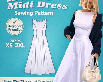 A-Line Midi Dress Sewing Pattern | Beginner Friendly, Sleeveless, Pockets (Digital Download)
