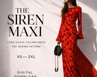 Siren Maxi Dress Sewing Pattern | Long Sleeve Column Gown (Digital Download)
