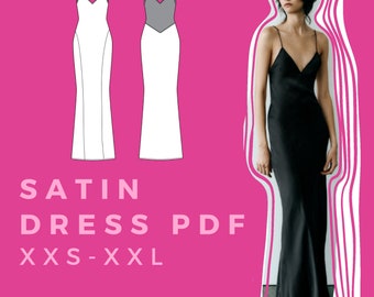 Long Satin Bias Cut Dress Sewing Pattern, US xxS-xxL (PDF)