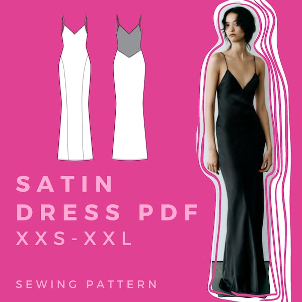 Long Satin Bias Cut Dress Sewing Pattern, US xxS-xxL (PDF)