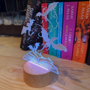 May include: A decorative night light featuring a book and bat design. The light is made of clear acrylic and sits on a wooden base. The light is illuminated with a soft pink glow. Books are in the background.