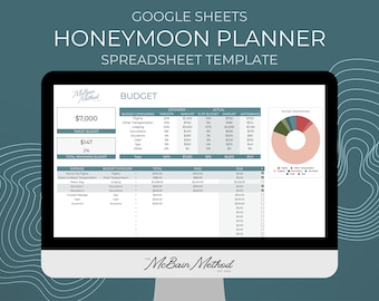 May include: A computer screen displaying a Google Sheets spreadsheet template for honeymoon planning. The spreadsheet includes a budget section with categories for flights, transportation, lodging, excursions, souvenirs, cash, and other expenses. The spreadsheet also includes a pie chart showing the budget breakdown by category.