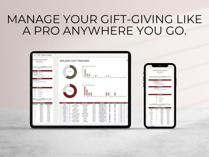 May include: A screenshot of a tablet and a smartphone displaying a digital gift tracker spreadsheet. The tablet shows a holiday gift tracker with a pie chart and bar graphs. The smartphone shows a Christmas countdown with a list of gifts and a budget.