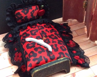 Miniature Boudoir Bed with Red Leopard Print Duvet and Pillow.....1:12th Scale, Dolls House....Gothic, Witch, Horror, Spooky