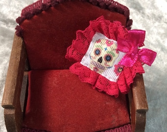 Miniature Skull Print Cushion, Day of The Dead, 1:12th Scale, Dolls House....Gothic, Witch, Horror, Spooky