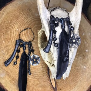 Pentagram, Black Feather & Bone Earrings....Pagan, Wicca, Witch, Magic, Tribal, Fetish, Punk, Gothic