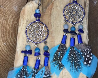 Dreamcatcher Earrings with Blue Feathers...Native American style, Boho, Gypsy, Pagan, Tribal