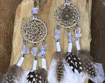 Dreamcatcher Earrings with White Feathers...Native American style, Boho, Gypsy, Pagan, Tribal