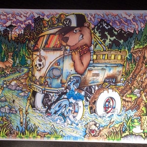 May include: A colorful illustration of a VW van driving through a stream in a forest. The van has a bear wearing a hat driving it. The van has a skull on the side and the text "HYVW" on the back. There are fish swimming in the stream and a frog sitting on a log.