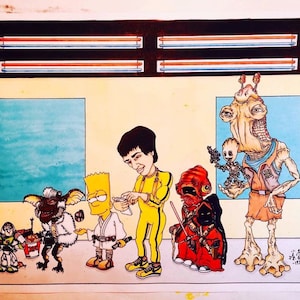 May include: A hand-drawn illustration featuring a group of cartoon characters, including a yellow character with a blue mohawk, a character with a black mohawk wearing a yellow jumpsuit, a character with a red helmet and a red cape, a character with a brown furry body and large ears, and a tall, thin character with a brown body and a blue shirt. The characters are standing in front of a yellow wall with a blue window behind them. The illustration is signed "J.A. Davis - 1992".
