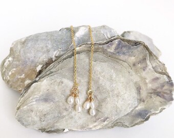 Pearl Pebble Drop Threader Earrings // 14k gold filled earrings
