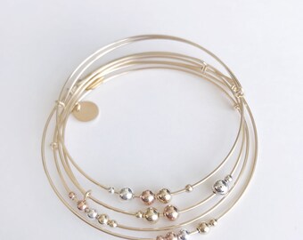 Rainbow Bangles - Set of three // 14k gold-filled wire bangle with various beads