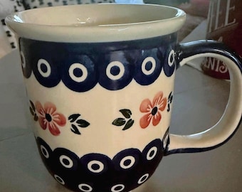 Wiza Artistic Ceramics Boleslawiec Polish Pottery Tea, Coffee mug Cobalt Peacock Eye pattern