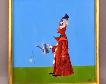 Maurizio Massi Clown Painting Oil on Board Watering Flower Italian