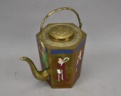Vintage Brass Enamel Inlay Chinese Hexagon Teapot Asian Teapot Chinese Decor Asian Decor Kitchen Decor Geometric Teapot Oriental Teapot