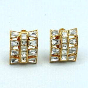 Vintage SPHINX Rhinestone Gold Tone Earrings Clip On Large Clear Crystal 1980s