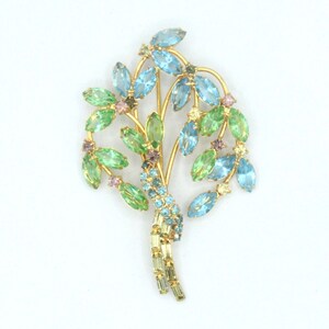 Vtg Blue Green Rhinestone Tree Brooch Pin Austrian Crystal Gold Tone