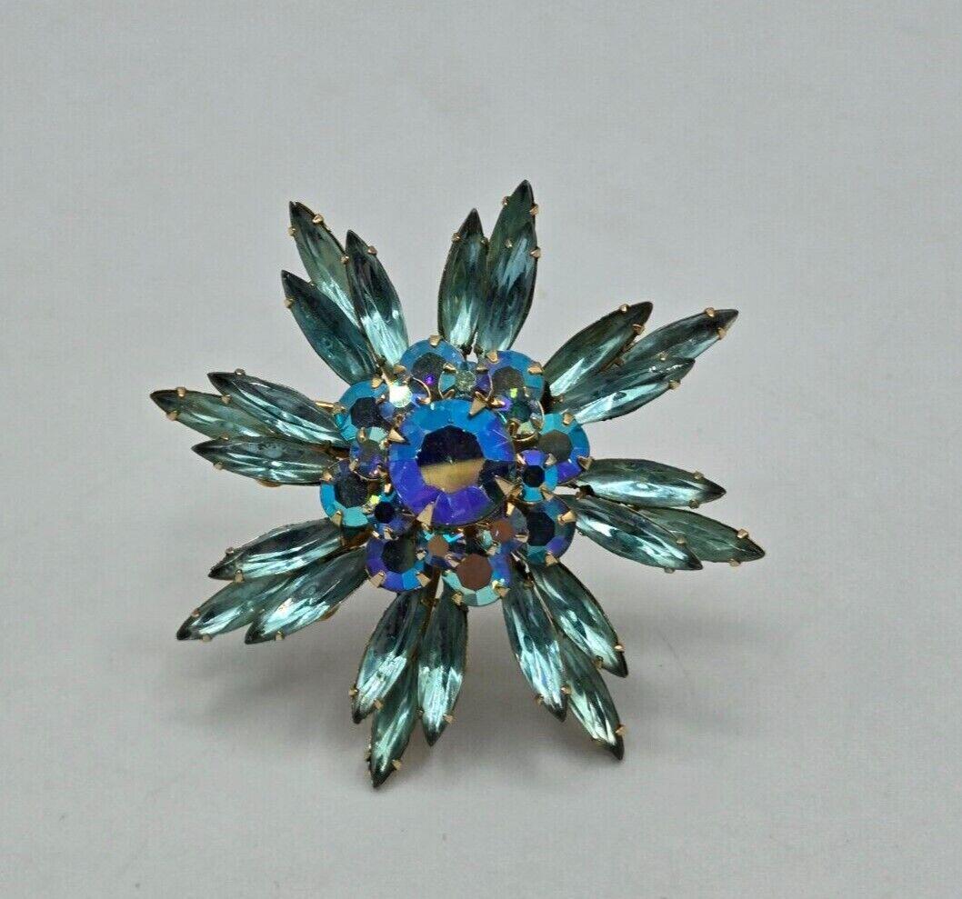 Vintage Judy Lee Brooch Flower Aqua Navette & Aurora Borealis Rhinestone