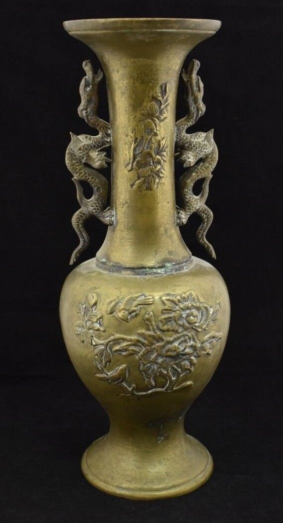 Antique Chinese Brass Vase Dragon Handles Flower And Bird Etsy