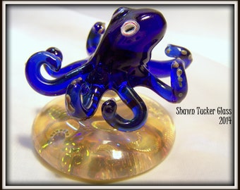 Blue Glass Octopus Sculpture on Base - MADE TO ORDER - Lampwork Art Glass by Shawn Tucker