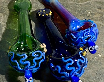 Blue Octopus Spoon Tobacco Pipe - Artisan Made Glass by Shawn Tucker - borosilicate - Oregon Made Functional Art